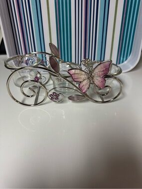 Butterfly Tea Light Holder with Pink Enamel Accents